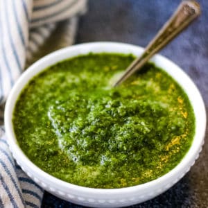 Low angle shot of a bowl of cilantro mint chutney.