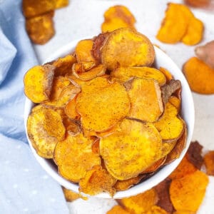 Overhead shot of a bowl of sweet potato chips.
