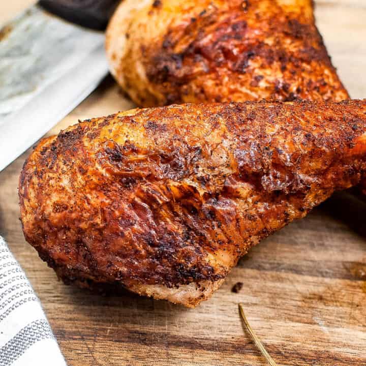 Closeup of a crispy skin turkey leg roasted in the air fryer.