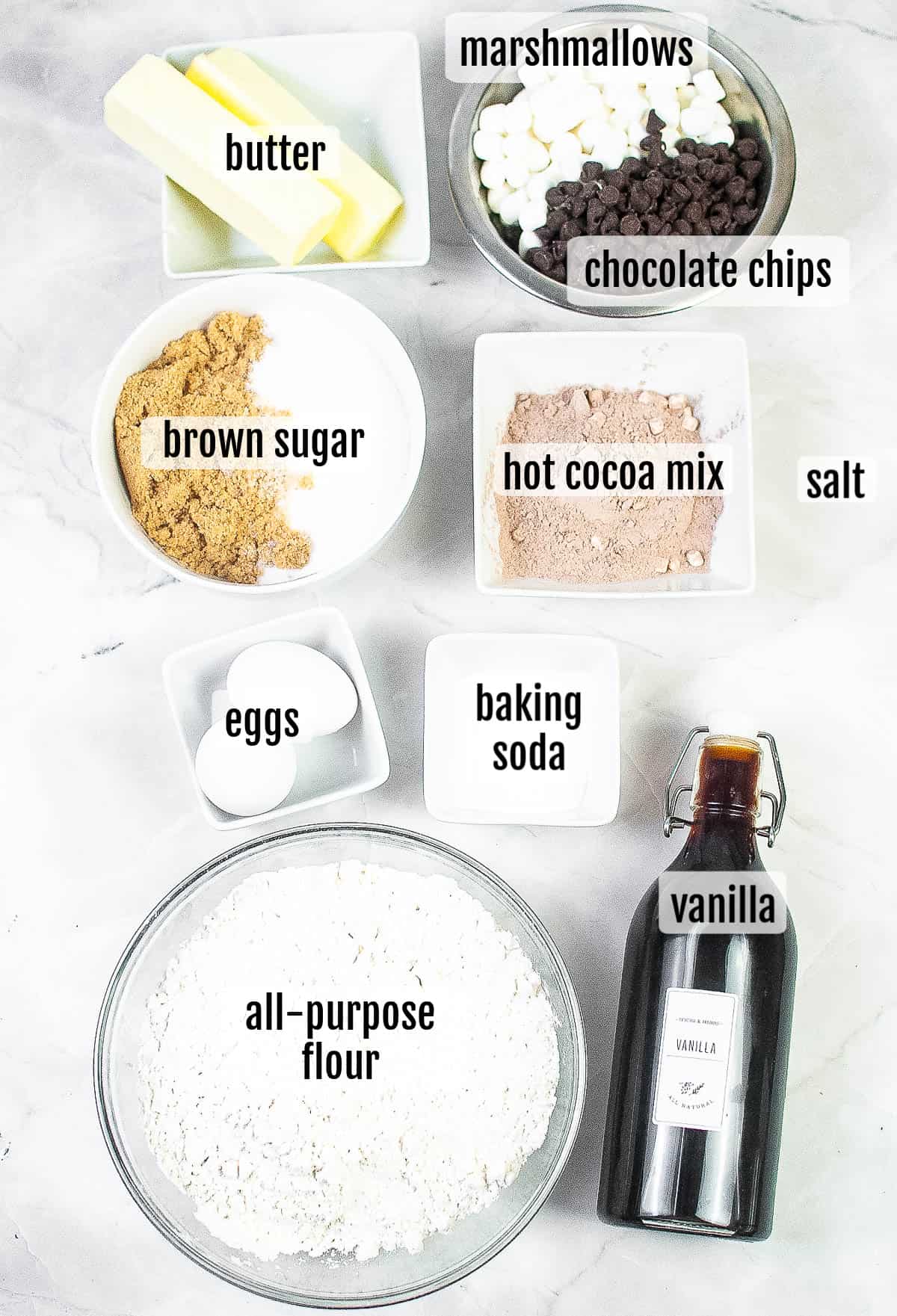 A list of ingredients for a s'mores sundae, featuring air-fried hot cocoa cookies.