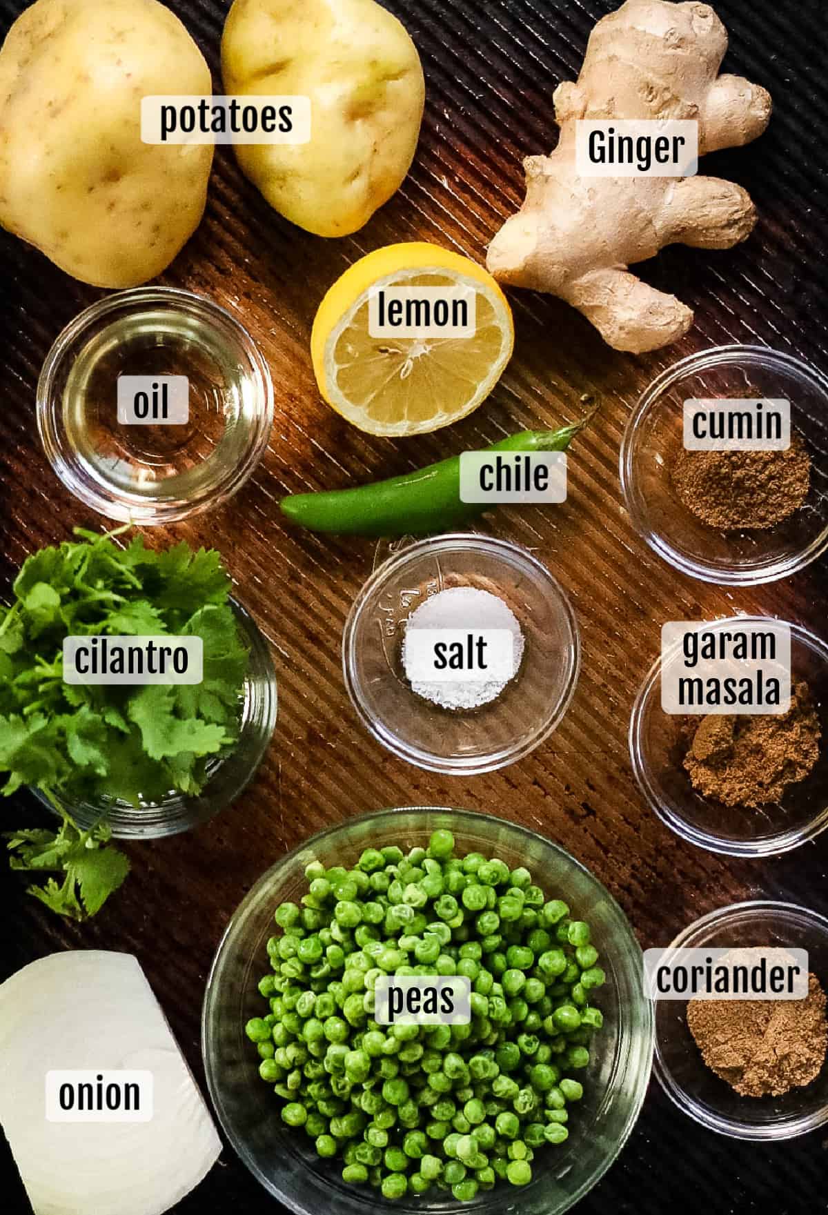 Overhead shot of the ingredients needed to make the samosa filling.