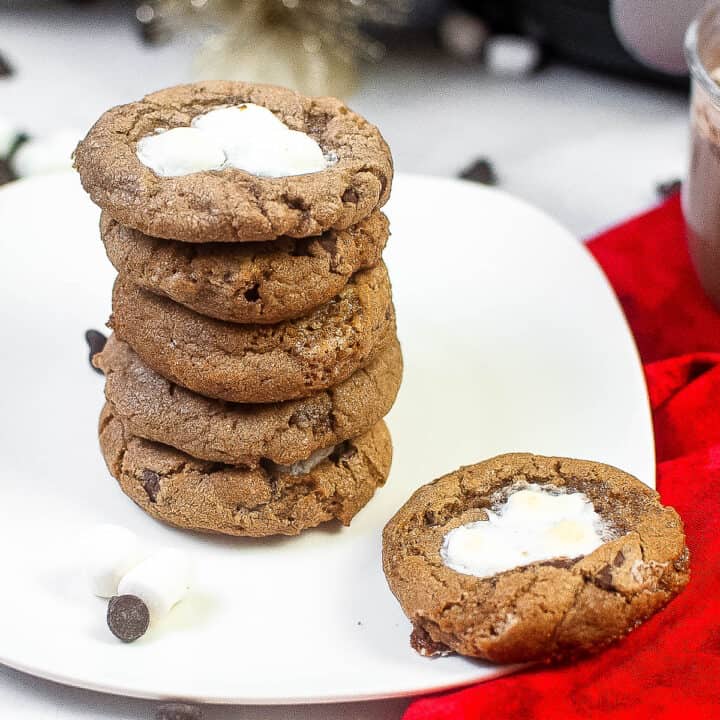 High angle shot of a stack of air fryer hot cocoa cookies.