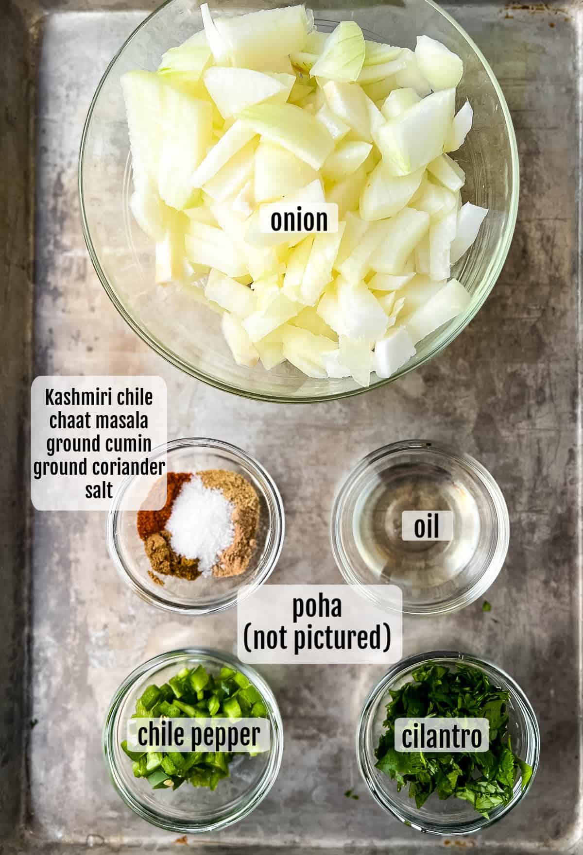 Overhead shot of the ingredients needed to make onion samosas.