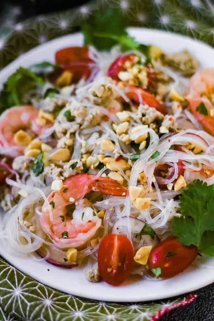 closeup shot of a plate of Thai glass noodle salad.