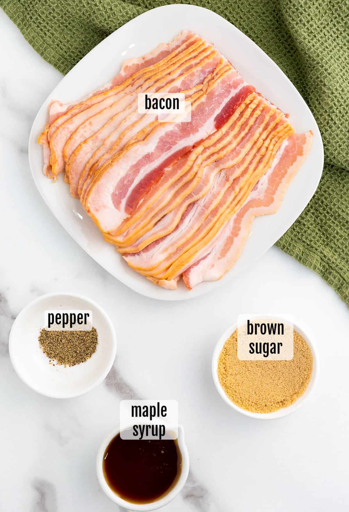 Overhead shot of the ingredients needed to make candied bacon.