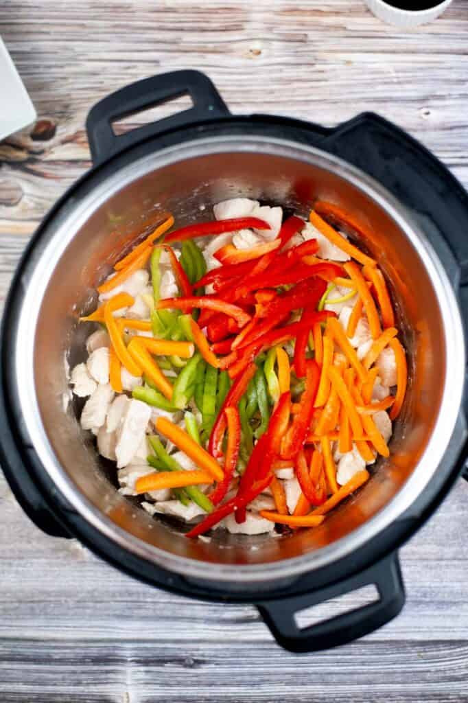 Overhead shot of chicken and veggies in the instant pot.