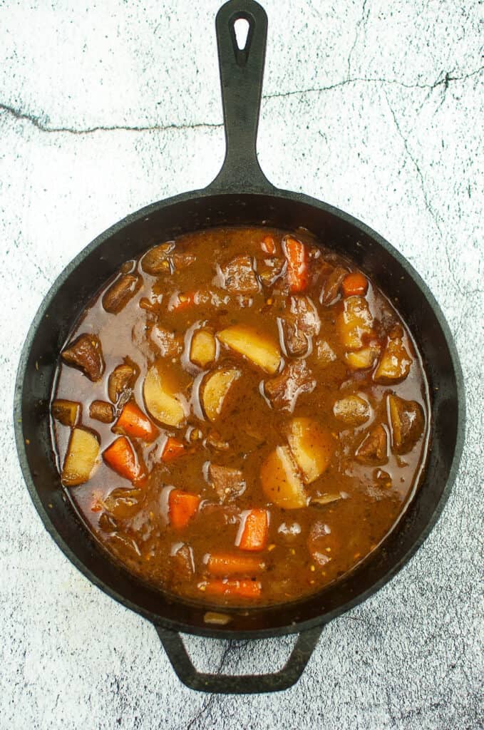 Stew in a cast-iron skillet after cooking.