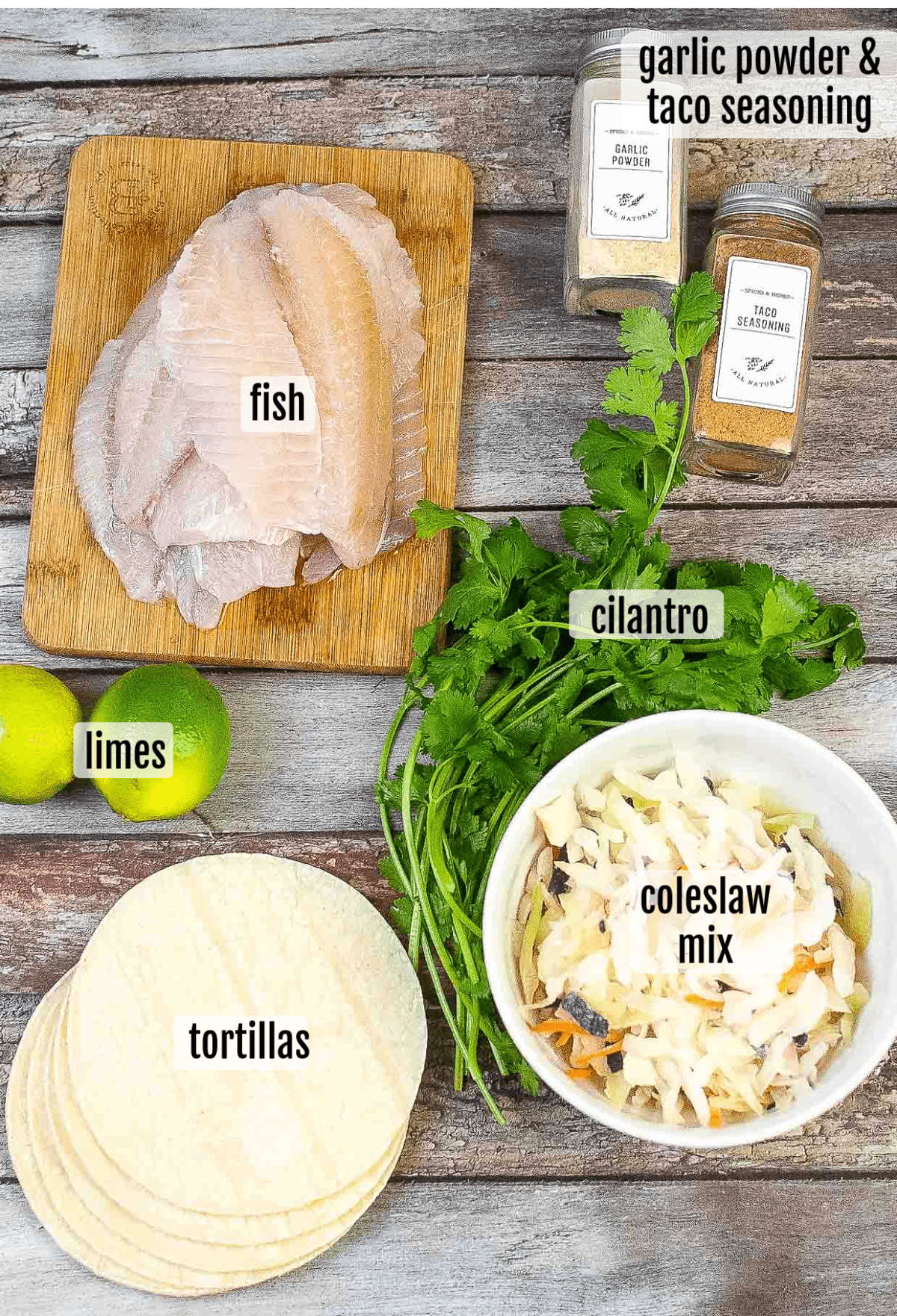 Overhead shot of the ingredients needed to make the fish tacos.