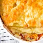Overhead shot of potatoes au gratin in a casserole dish.