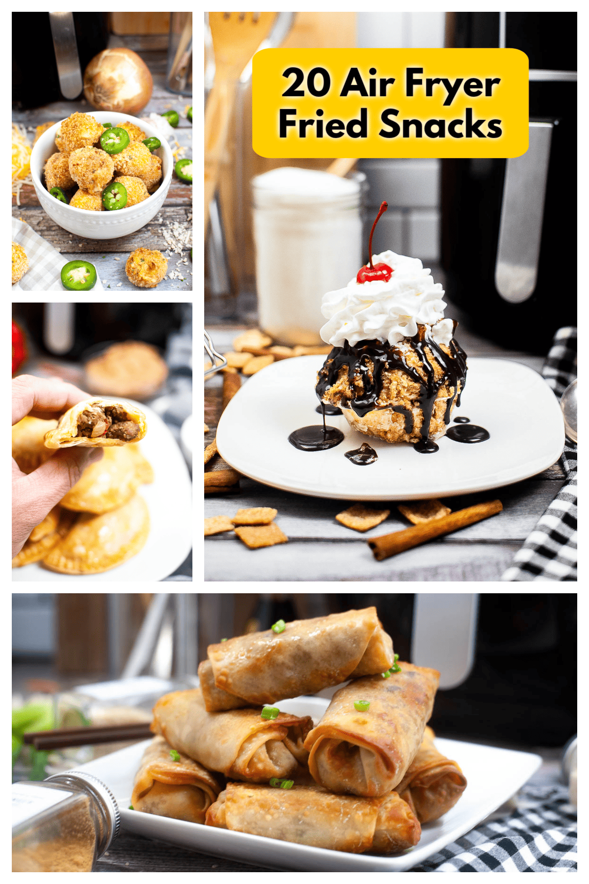 Collage of air fryer fried snacks.