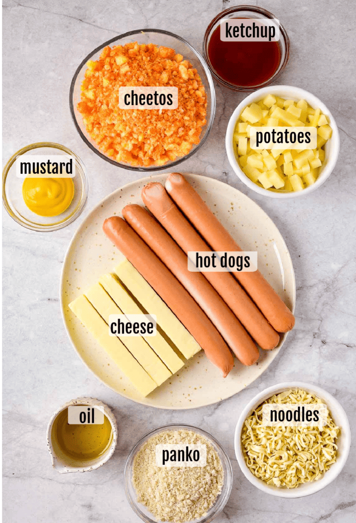 Overhead shot of the ingredients needed to make Korean hot dogs.