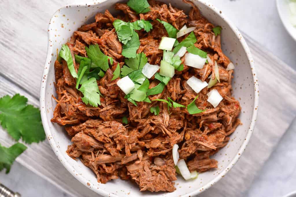 Beef birria with fresh cilantro and chopped onion in a white bowl.