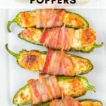 A plate of air-fried jalapeño poppers wrapped in bacon and stuffed with cheese, displayed in rows on a white surface. Text at the top reads "Air Fryer Jalapeño Poppers" and "allwaysdelicious.com" at the bottom.