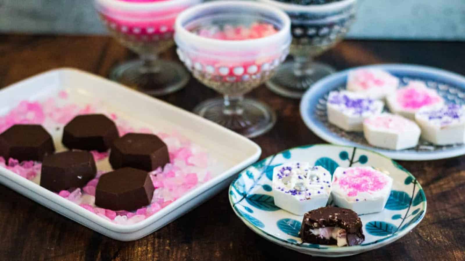 Chocolate covered strawberry cheesecake bites on little plates with pink sprinkles.