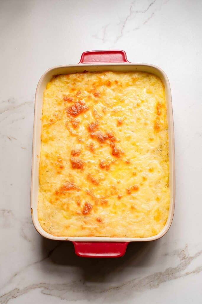 A casserole dish with cheesy cheesy cheesy cheesy cheesy.