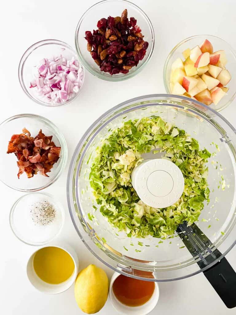 A delicious brussels sprouts salad made using a food processor.