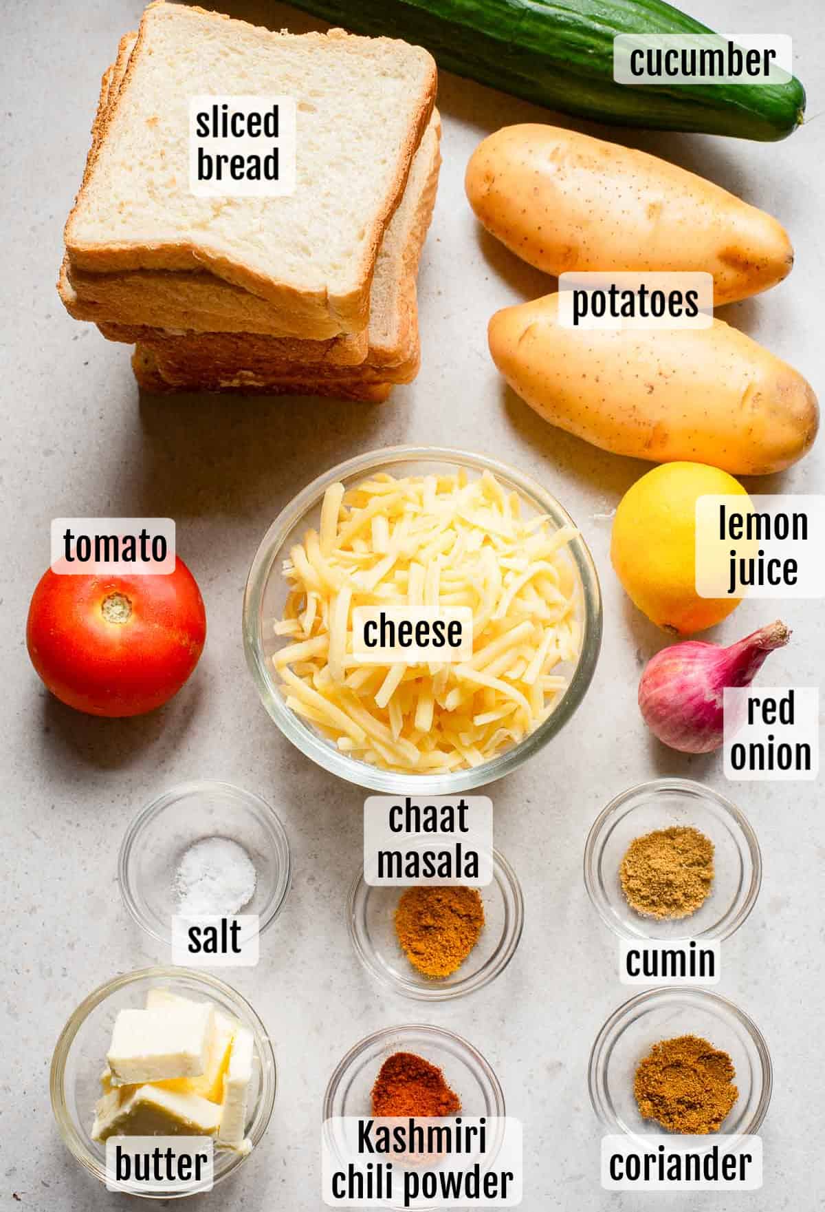 overhead shot of the ingredients needed to make Bombay sandwiches.