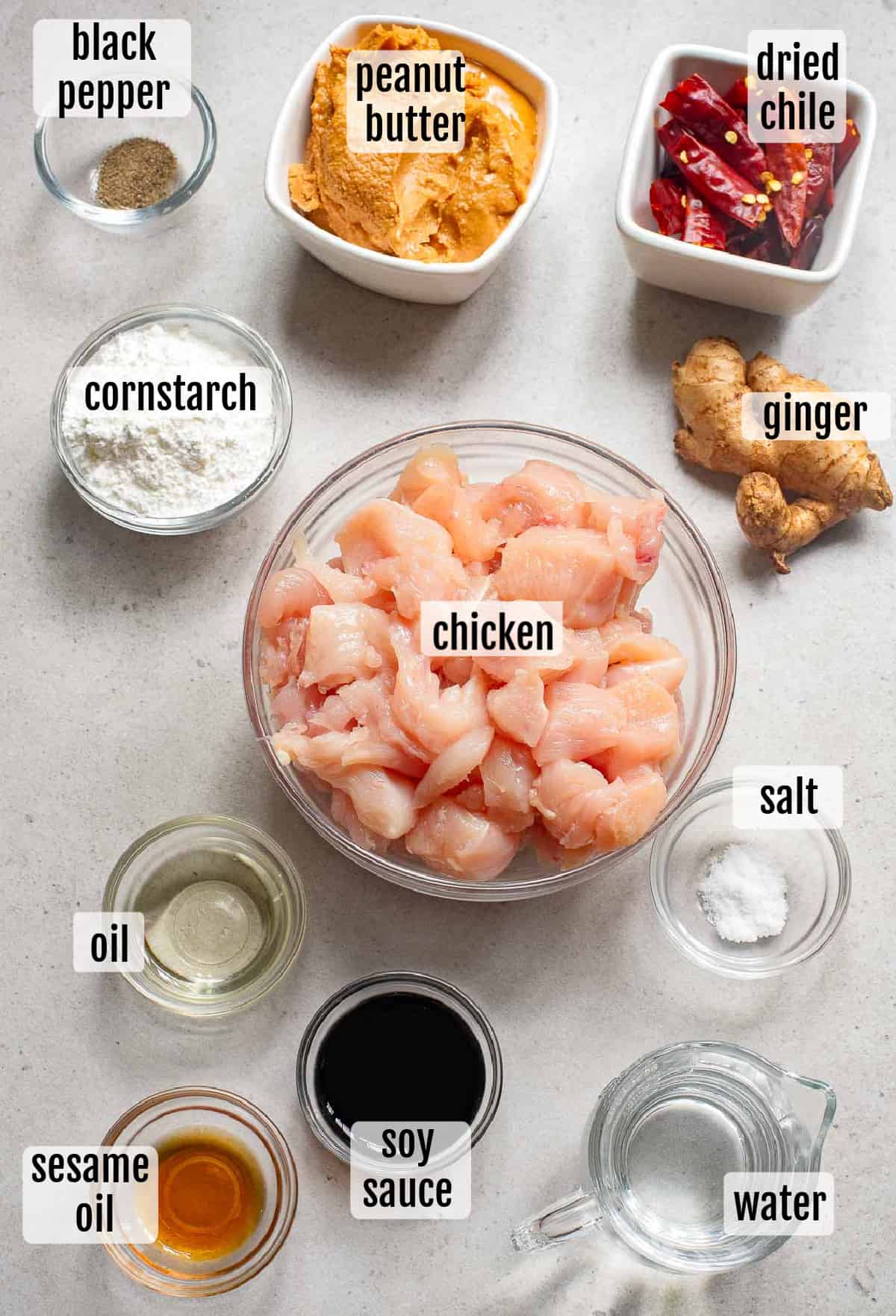 Ingredients for an asian-style chicken dish laid out on a table, labeled individually.