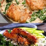 Promotional image for recipe featuring creamy chicken and sautéed spinach dish on top, and glazed salmon with vegetables on the bottom, titled '17 delicious and delightful recipes'.