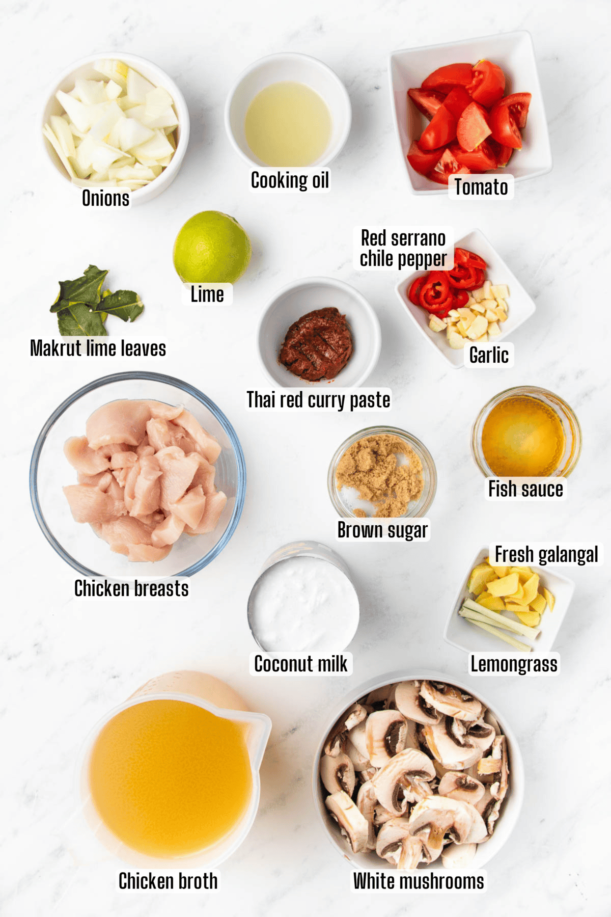 Ingredients for Tom Kha Gai recipe displayed on a kitchen countertop.