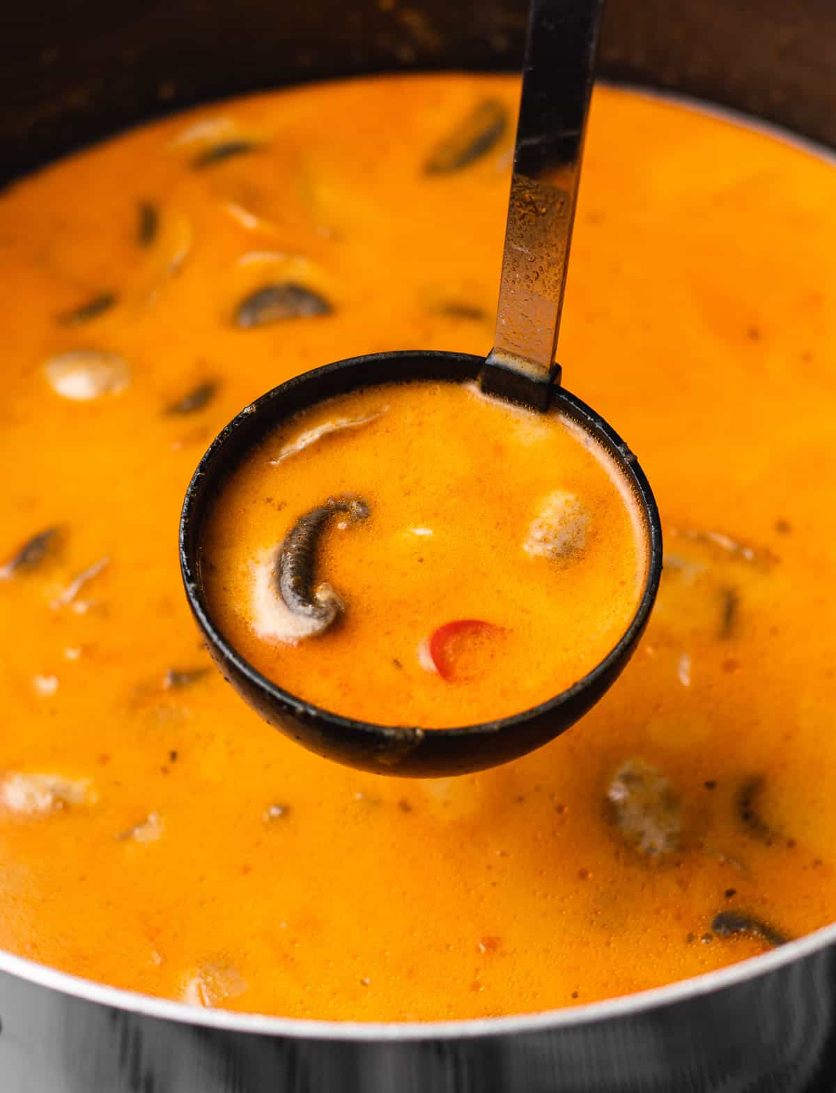 A ladle serving creamy tomato soup with vegetables from a pot.