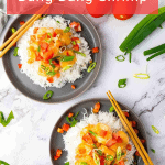 Two gray plates with white rice topped with Bang Bang shrimp, chopped green onions, and red bell peppers, with chopsticks on the side.