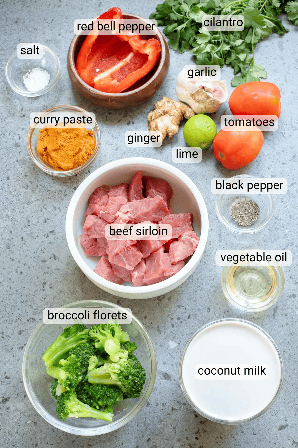 Ingredients for a curry dish are arranged on a countertop, each labeled: beef sirloin, coconut milk, broccoli florets, vegetable oil, curry paste, salt, black pepper, red bell pepper, cilantro, garlic, ginger, lime, and tomatoes.