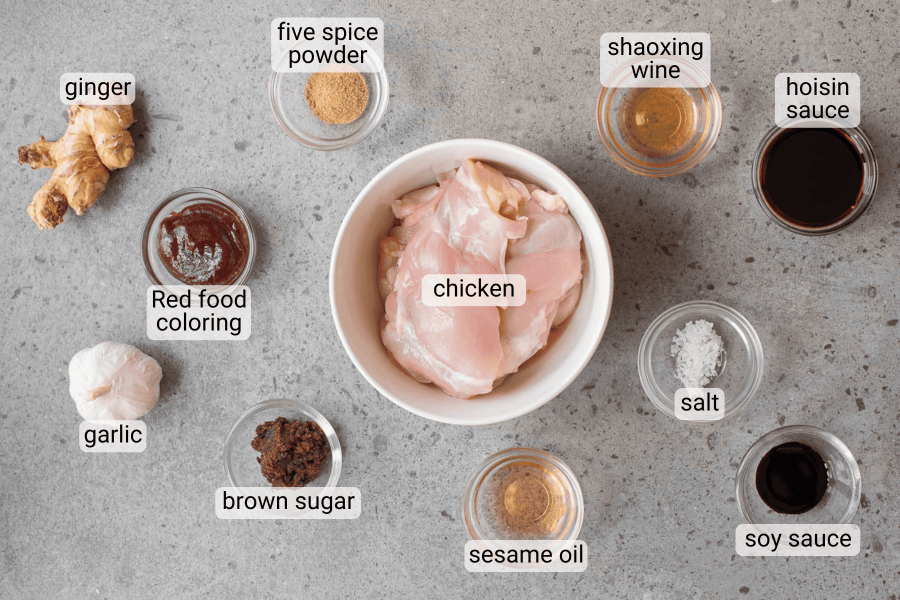 A bowl of raw chicken surrounded by labeled ingredients: ginger, garlic, five spice powder, red food coloring, brown sugar, sesame oil, shaoxing wine, salt, hoisin sauce, and soy sauce.