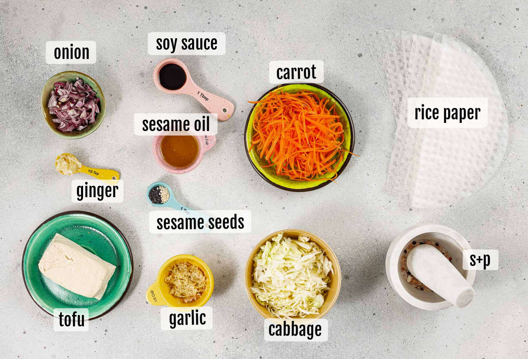 Top-down view of labeled ingredients for making rice paper dumplings and rice paper rolls, including onion, soy sauce, carrot, sesame oil, rice paper, tofu, ginger, sesame seeds, garlic, cabbage, and salt and pepper.