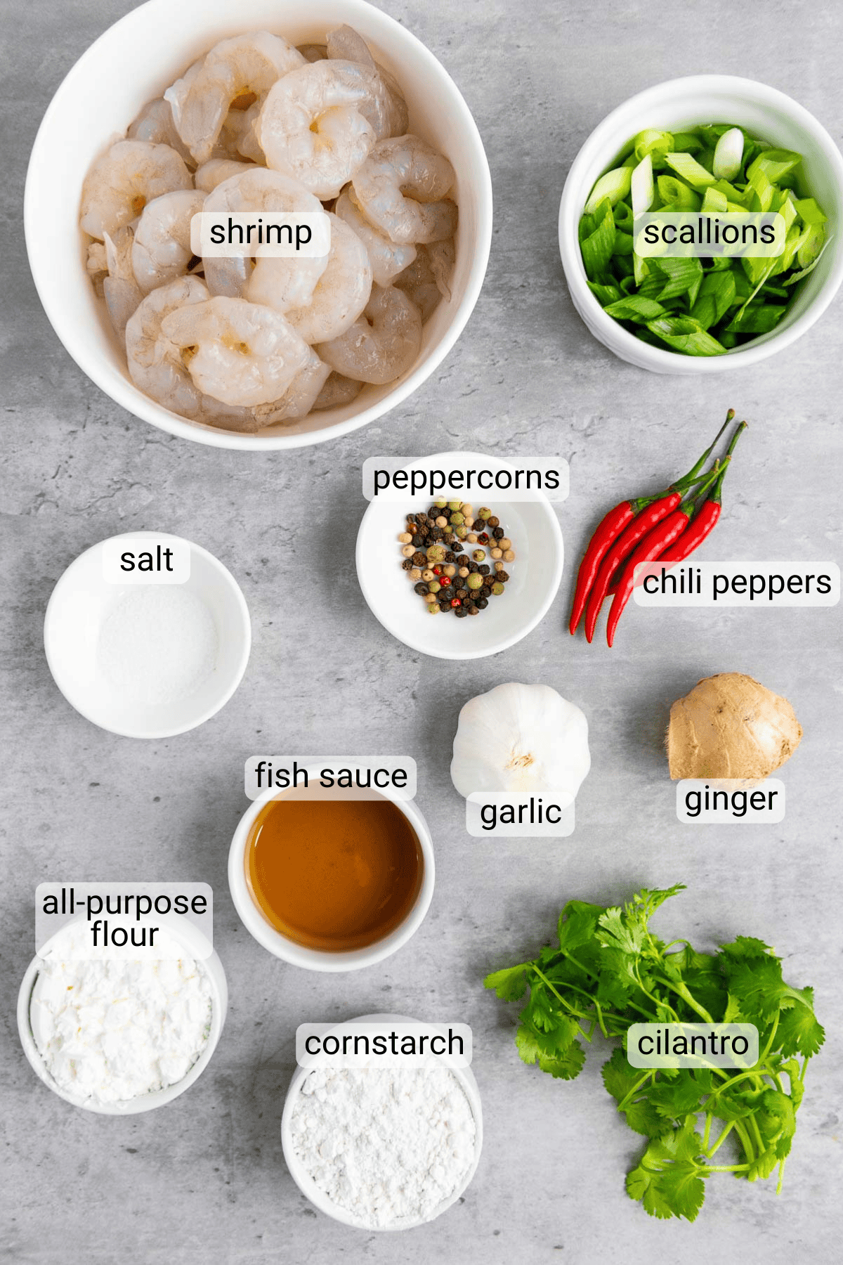 Top-down view of shrimp, scallions, peppercorns, chili peppers, salt, fish sauce, garlic, ginger, all-purpose flour, cornstarch, and cilantro on a gray surface, each labeled.