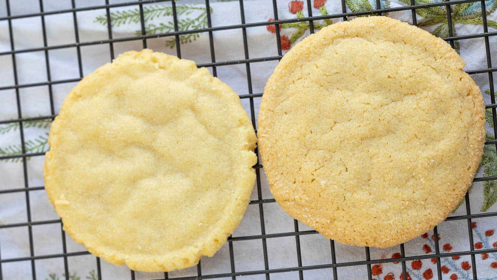 Two sugar cookies rest side by side on a black cooling rack, placed over a patterned cloth with green and red designs.