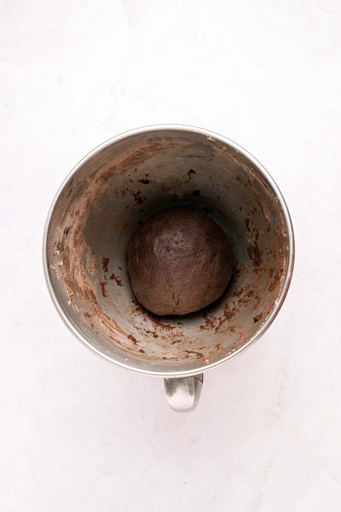 A ball of chocolate cookie dough sits in the center of a metal mixing bowl on a white surface.