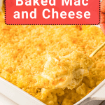 A serving spoon lifts a portion of baked macaroni and cheese with a golden breadcrumb topping from a white baking dish.