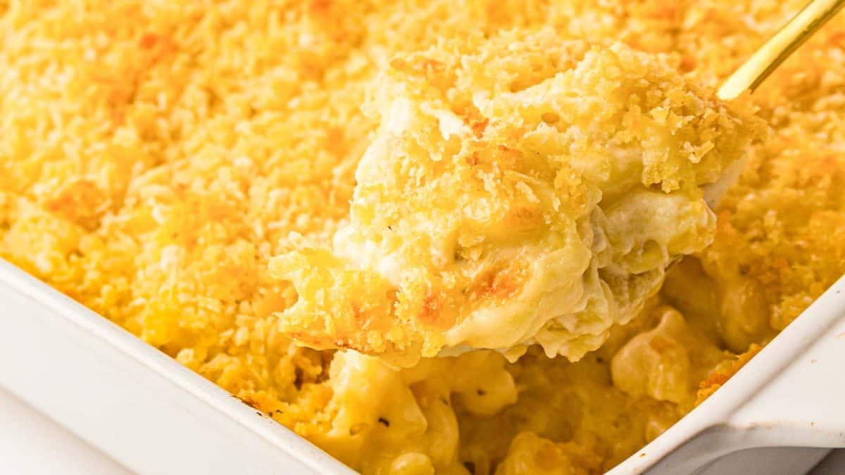 A close-up of baked macaroni and cheese with a golden breadcrumb topping, with a spoon lifting out a portion from the casserole dish.