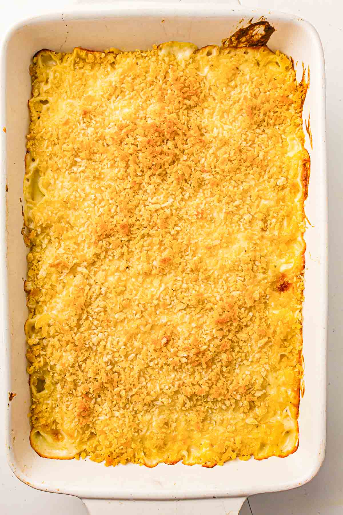 A rectangular casserole dish filled with baked macaroni and cheese topped with a golden, crispy breadcrumb layer.
