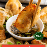 A pair of chopsticks holds a potsticker above a bowl of soy sauce, surrounded by more potstickers, with text reading “All Ways Delicious” and “Potstickers.”.