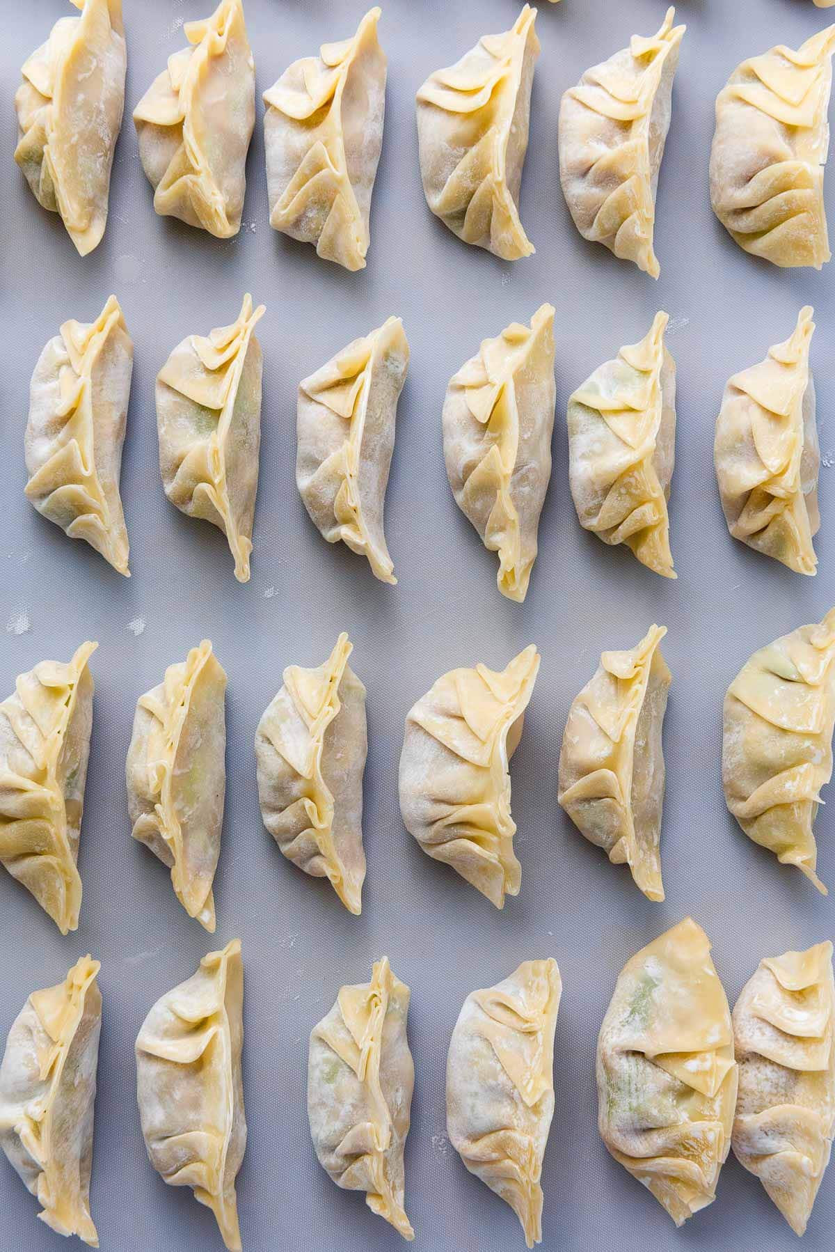 Rows of uncooked dumplings arranged neatly on a light grey surface, showing pleated edges and varying shapes.