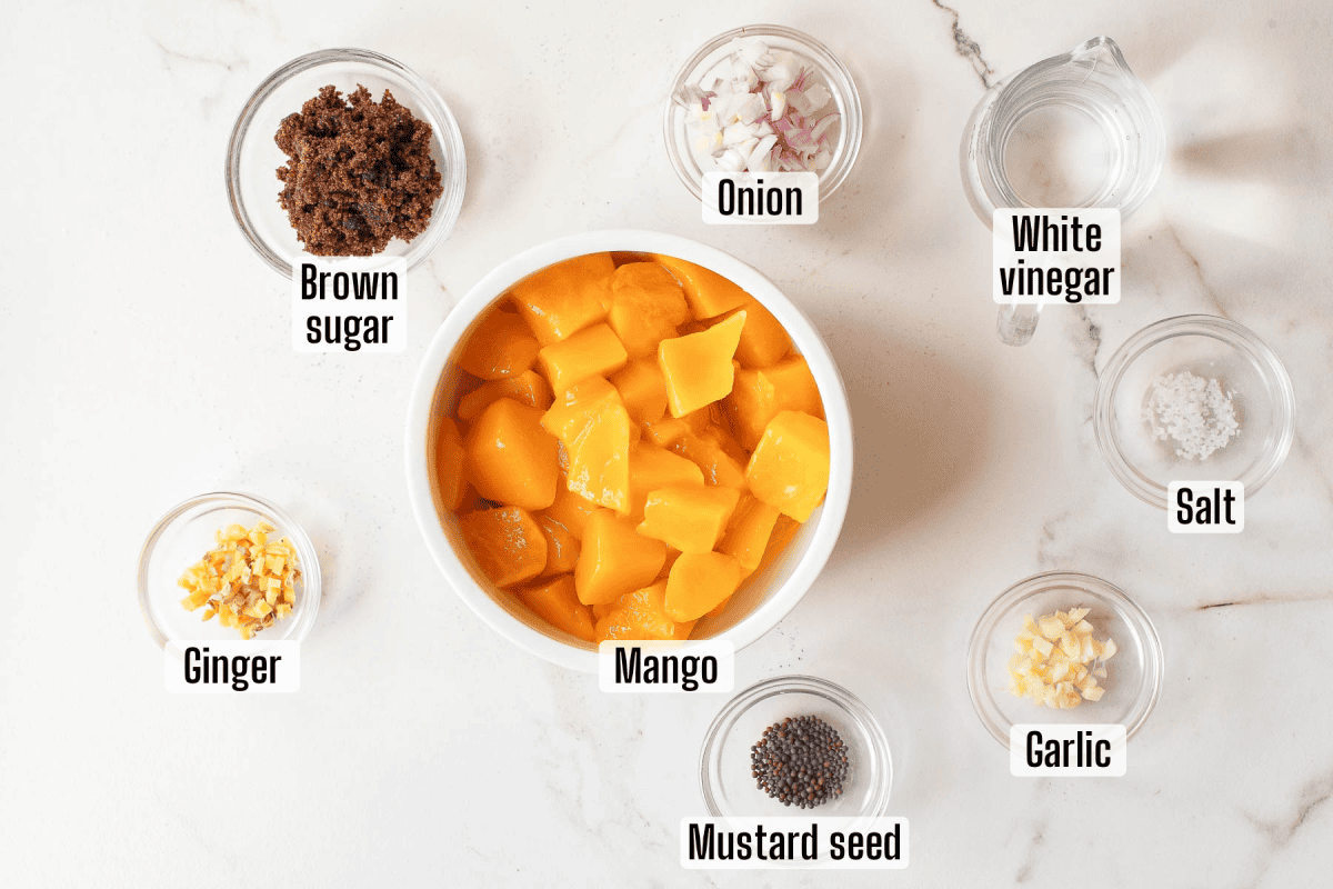 Top-down view of bowls containing labeled ingredients: mango, onion, white vinegar, salt, garlic, mustard seed, ginger, and brown sugar, arranged on a white surface.